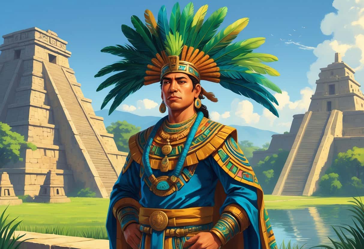 A dignified indigenous leader wearing traditional Aztec royal clothing and a feathered headdress stands confidently in front of ancient stone temples and pyramids by a lake.