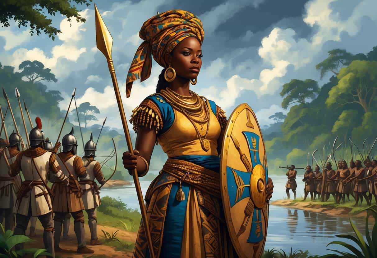 Queen Nzinga stands firmly holding a spear and shield, with her warriors confronting Portuguese soldiers in a forested landscape.