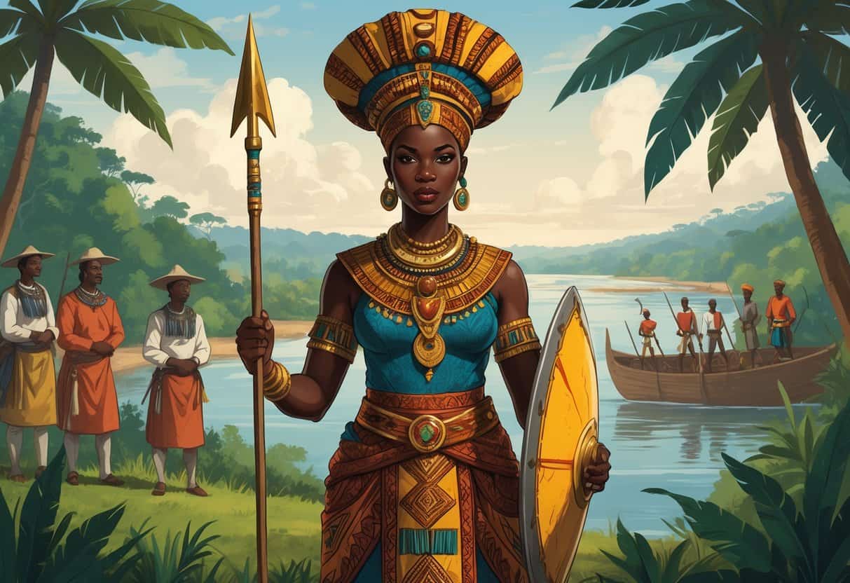 Queen Nzinga stands confidently holding a spear and shield, dressed in traditional royal attire, with a lush African landscape behind her and Portuguese ships arriving on the coast in the distance.