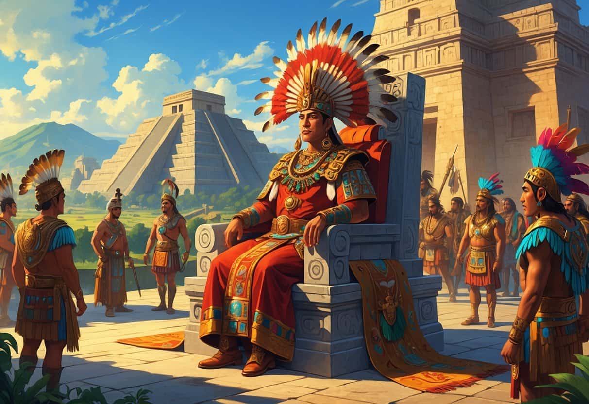 An Aztec emperor seated on a stone throne surrounded by nobles and warriors in traditional attire, with pyramids and an ancient city in the background.