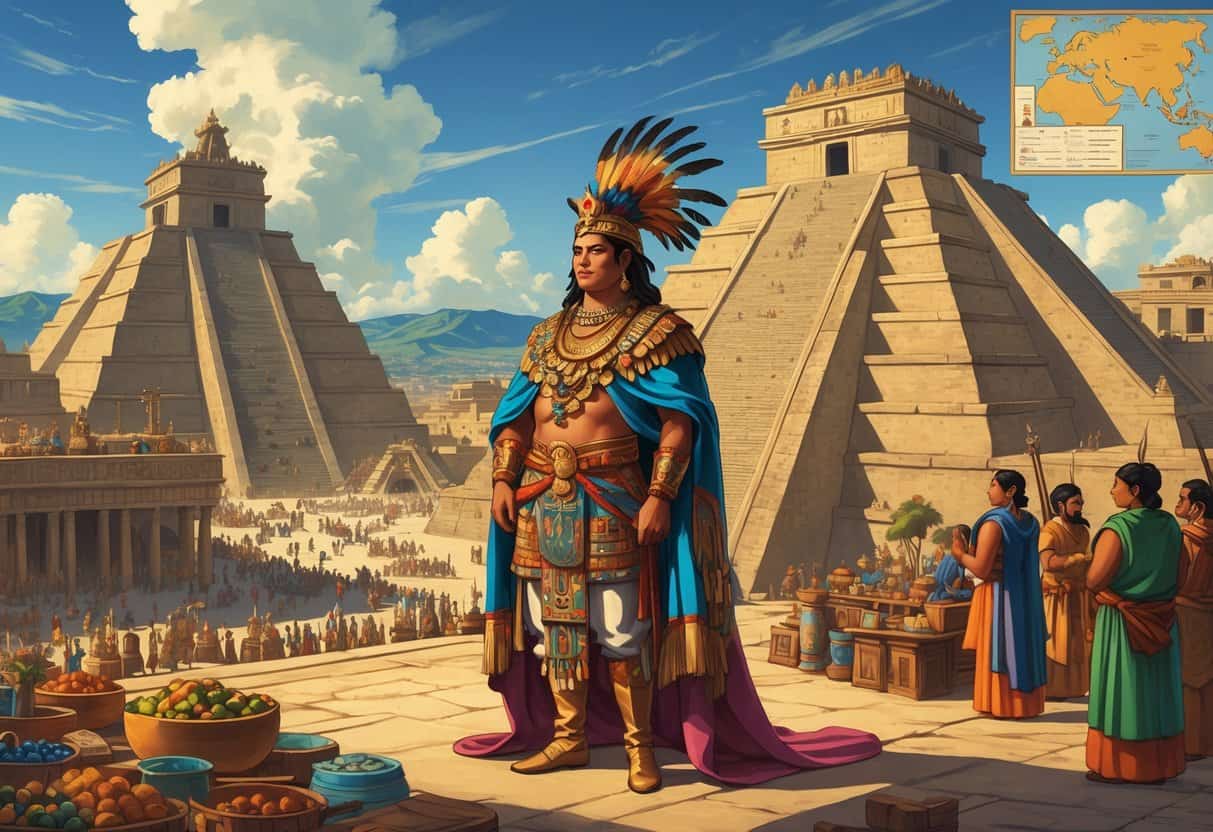Montezuma II stands in the center of a busy Aztec city with pyramids and temples around him, showing the extent of his empire and the activities of his people.