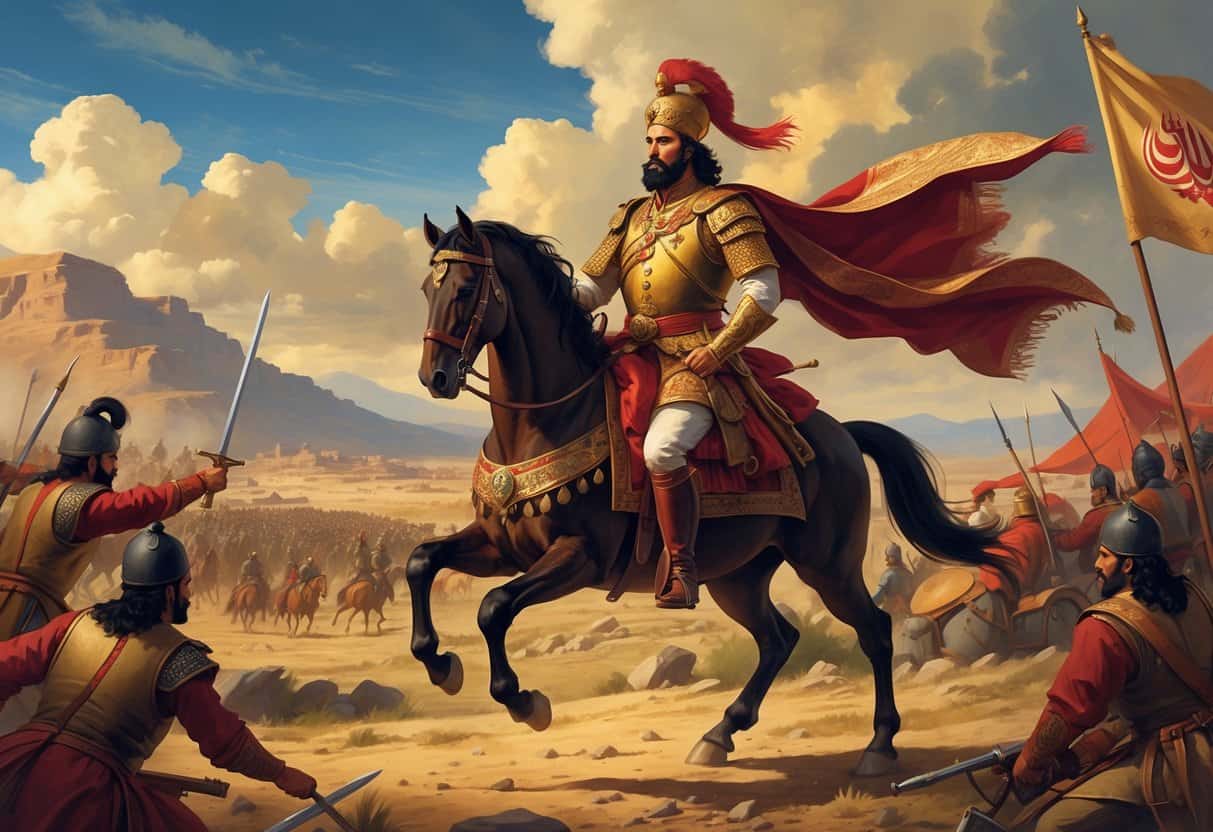 Nader Shah, a Persian warrior king in royal armor, rides a horse leading soldiers into battle across a mountainous Persian landscape.