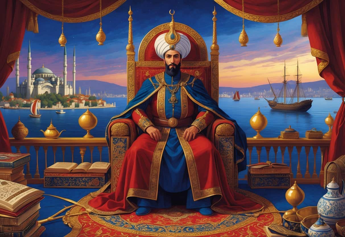 A scene showing Suleiman the Magnificent seated on a decorated throne with Ottoman soldiers, ships, and Istanbul landmarks in the background.