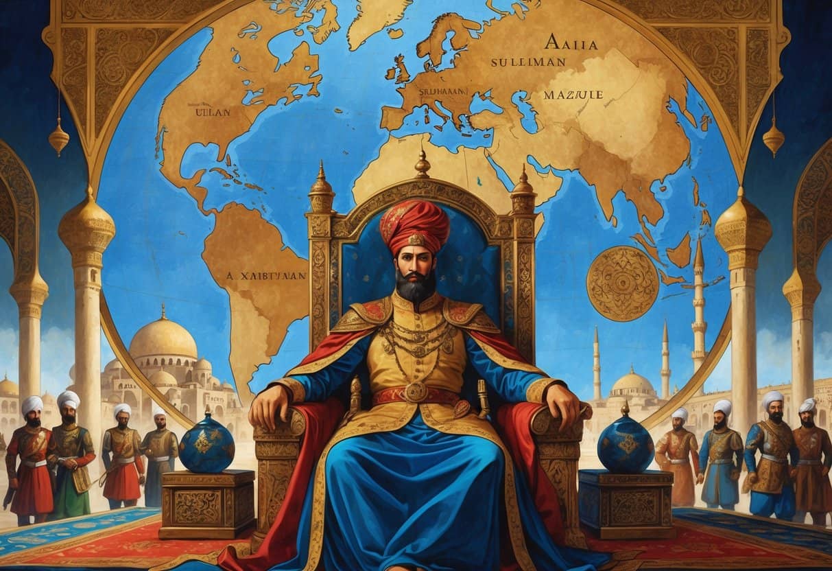 A ruler in ornate Ottoman clothing sits on a decorated throne with a large map of the Ottoman Empire behind him, surrounded by soldiers and grand mosque architecture.