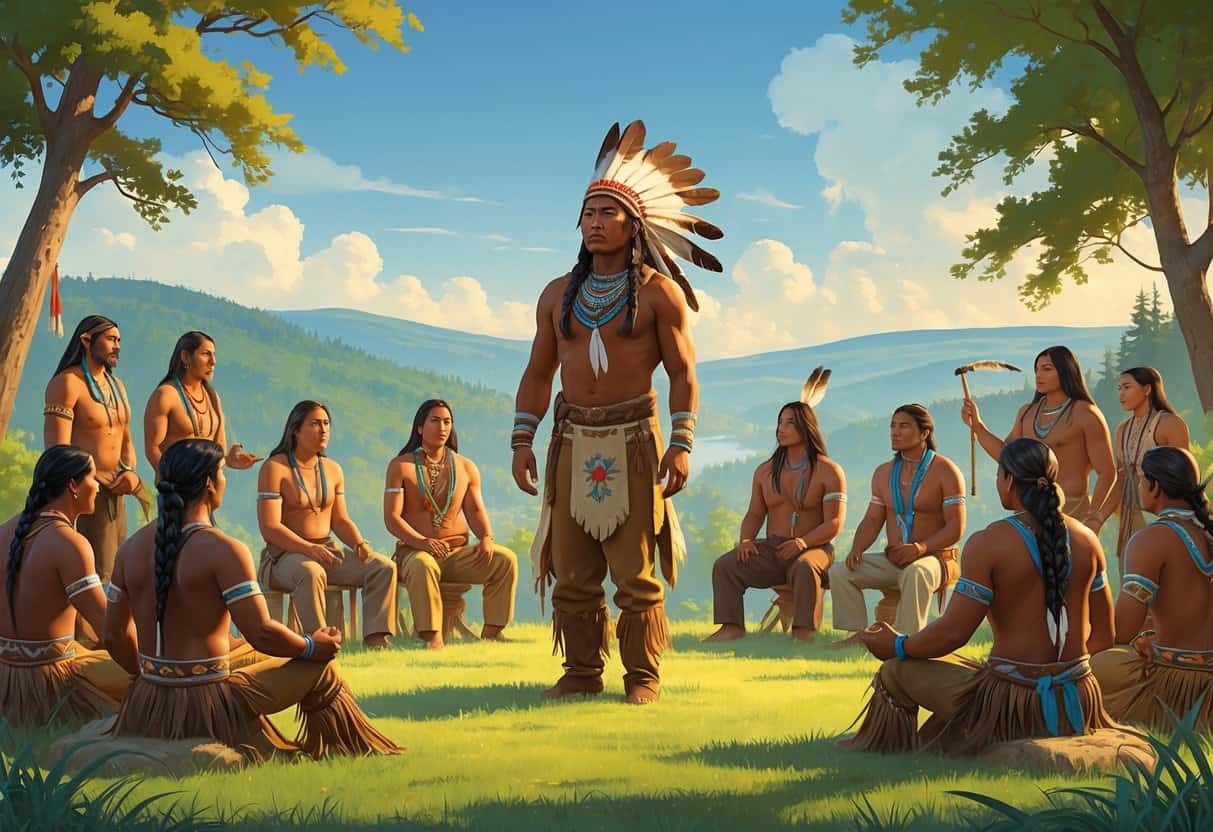 Tecumseh standing among Native American leaders from different tribes gathered in a peaceful outdoor council surrounded by forest and hills.