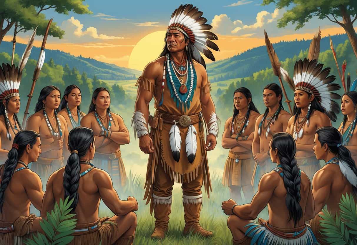 Tecumseh standing among Native American leaders from different tribes in a natural landscape, symbolizing unity and a shared vision.