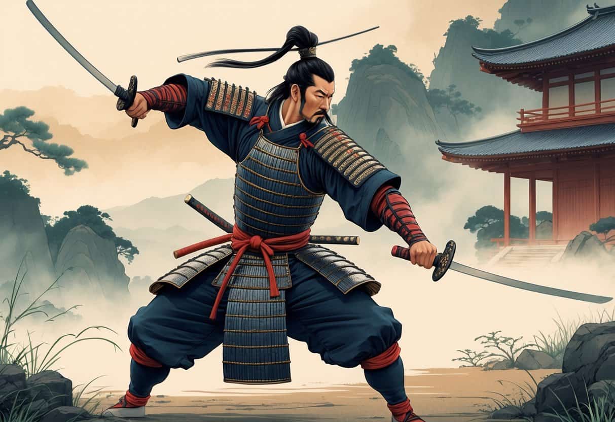 A Japanese swordmaster in traditional armor stands ready with two swords in a misty mountain landscape near a dojo.