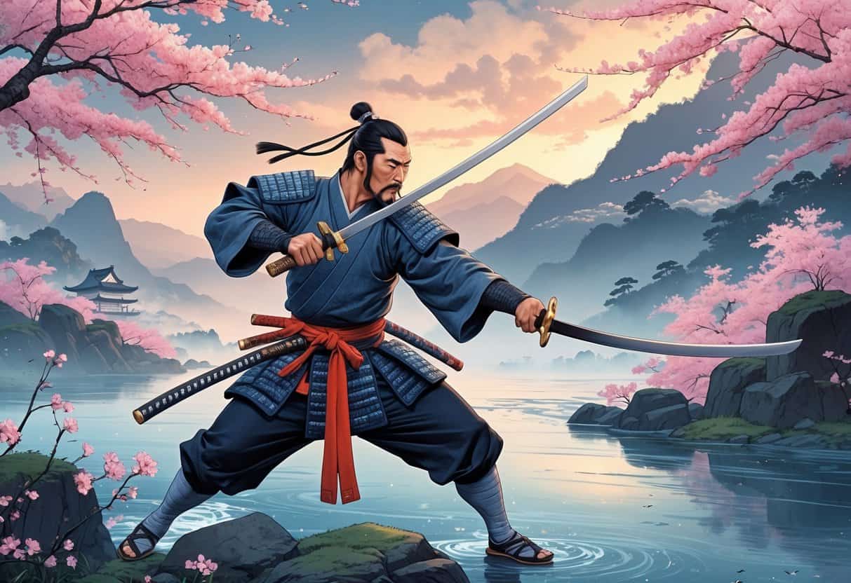A samurai warrior engaged in a sword duel outdoors with mountains and cherry blossom trees in the background.