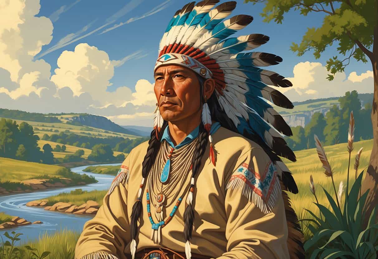 Portrait of Black Hawk, a Native American leader, standing outdoors in traditional clothing with a river and hills in the background.