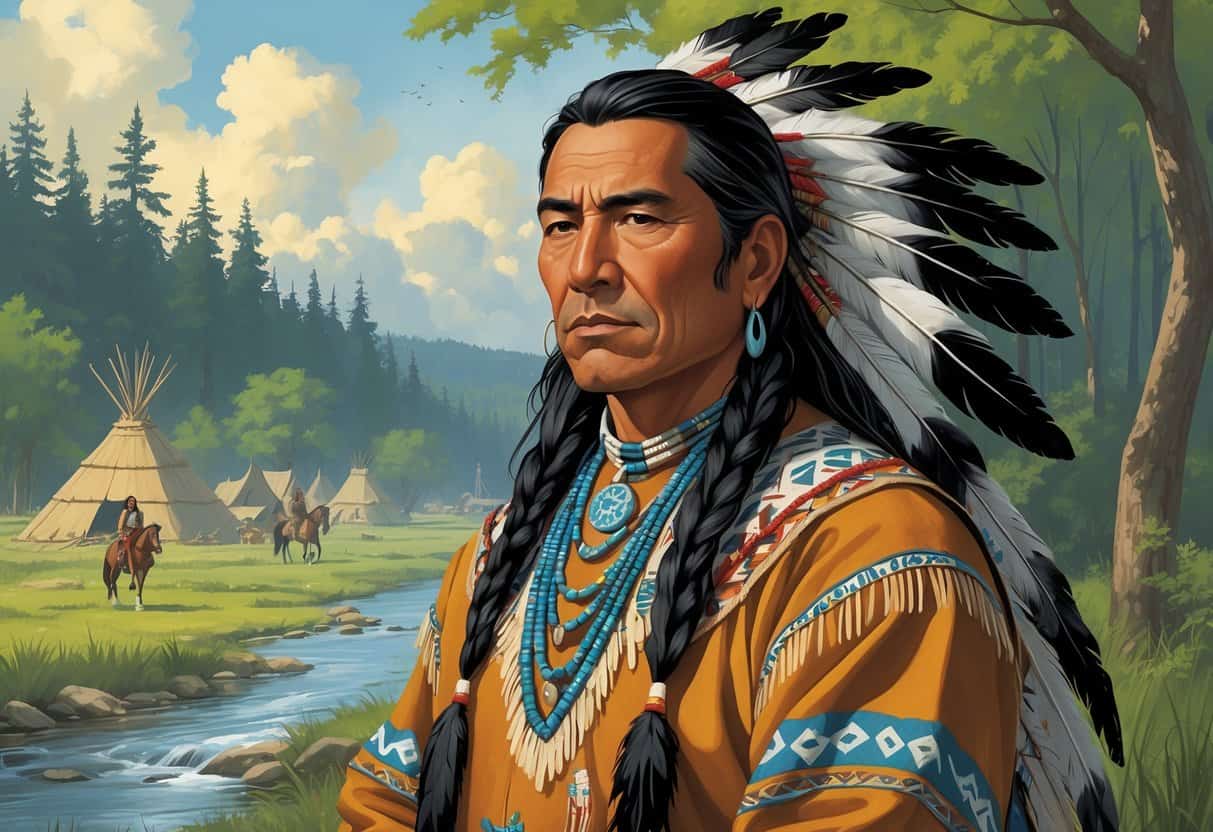 Portrait of Black Hawk, a Native American leader, standing outdoors near a river and forest with a village and warriors on horseback in the background.