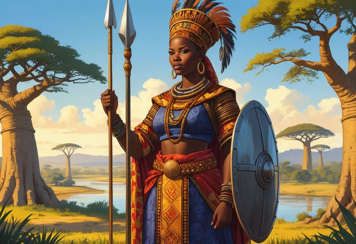 Nzinga of Ndongo standing confidently in traditional royal clothing, holding a spear and shield, with an African landscape behind her.