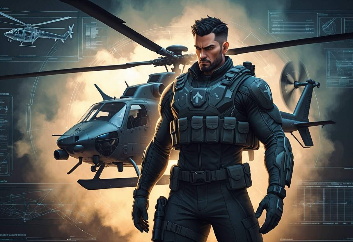 A focused warrior in tactical gear surrounded by transparent schematics of a Black Hawk helicopter, with a dark background featuring digital data streams.