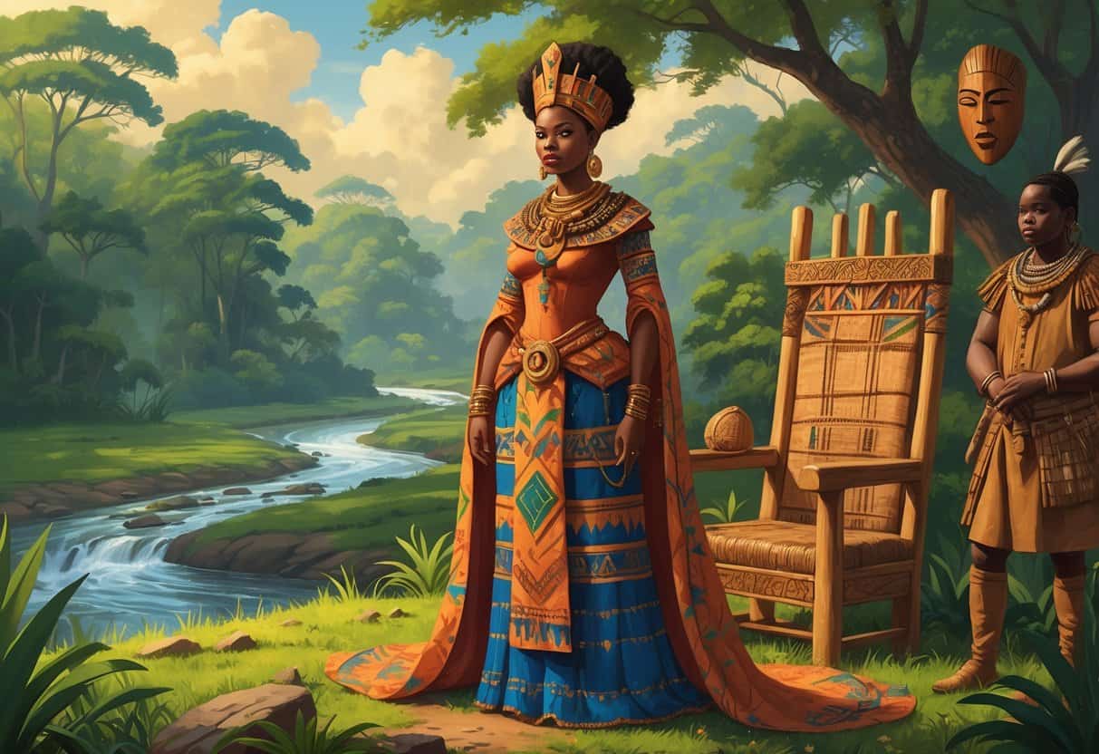 Queen Nzinga of Ndongo stands confidently in traditional royal clothing in a lush forested landscape, surrounded by advisors and cultural artifacts, symbolizing her rise to power.