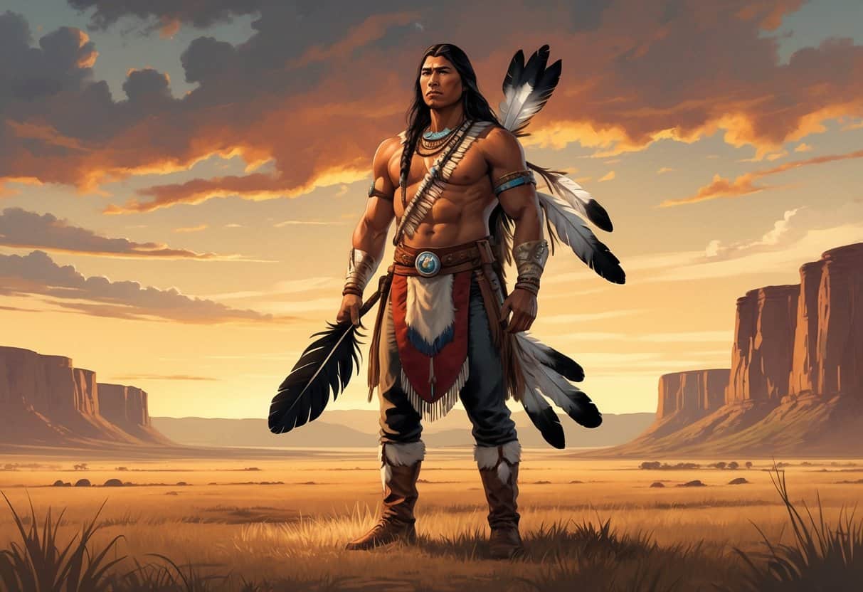 A Native American warrior holding a black hawk feather, standing confidently on a plain at dawn with a dramatic sky in the background.