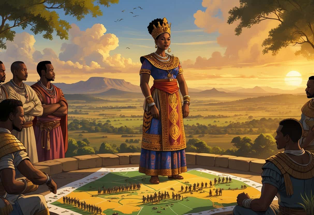 Queen Nzinga stands confidently with advisors around her, overlooking a battlefield map with miniature soldiers, set against an African landscape with mountains and a setting sun.