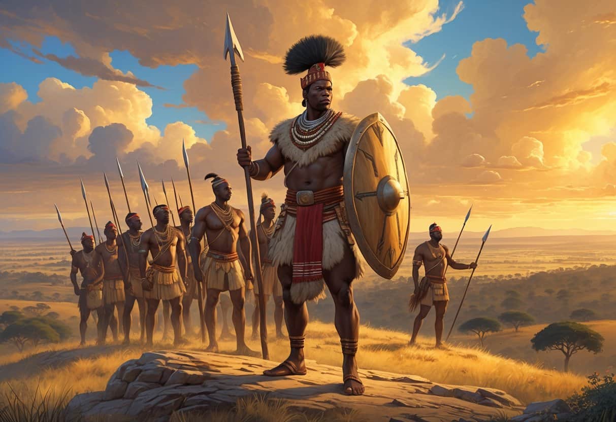 A strong African warrior king stands on a hill overlooking a group of armed warriors and a vast savannah landscape.