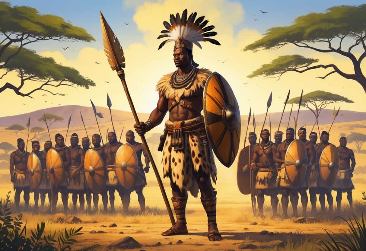 A Zulu warrior king stands with his warriors in a savanna landscape, holding a spear and shield, surrounded by scenes of clan unification and military training.
