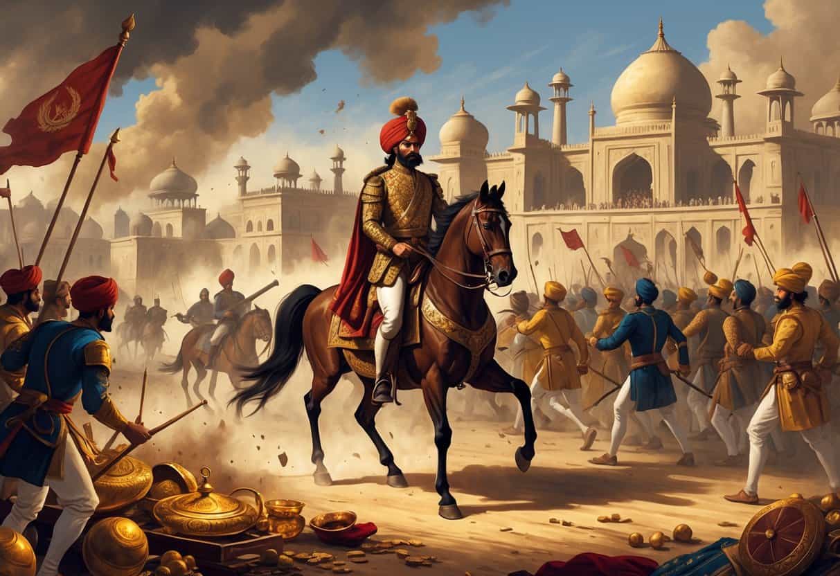 Nader Shah leading his troops into the city of Delhi during a historical battle, with soldiers fighting and the city burning in the background.