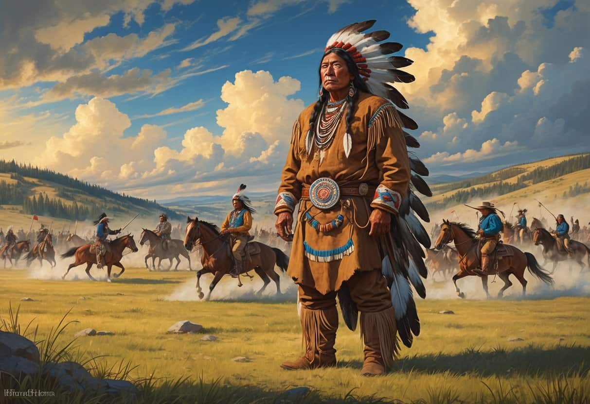Sitting Bull standing on a grassy plain with Native American warriors fighting U.S. cavalry soldiers on horseback during the Battle of Little Bighorn.
