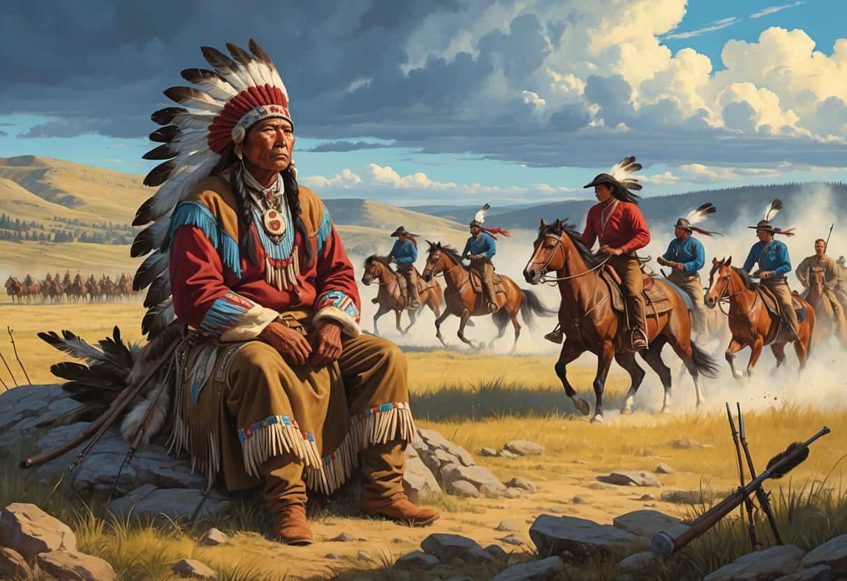 Sitting Bull seated outdoors with Native American warriors and U.S. cavalry soldiers engaged in battle on horseback in a plains landscape.