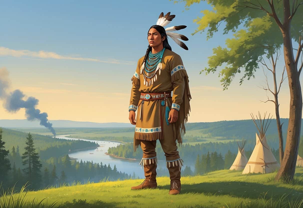 Tecumseh, a Native American leader, stands on a grassy hill overlooking forests and rivers, wearing traditional clothing with feathers in his hair.