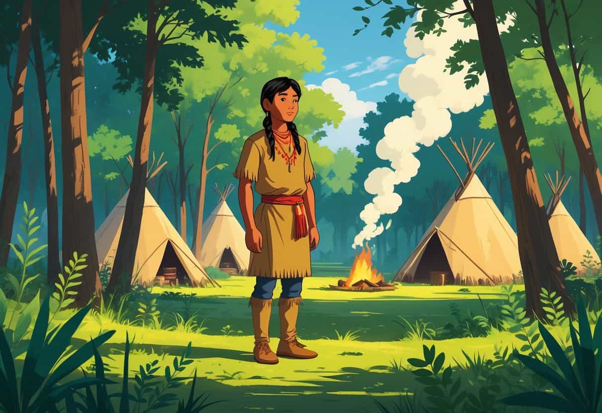 A young Native American boy in traditional clothing stands in a forest clearing near a small village with wigwams and smoke rising from a fire.