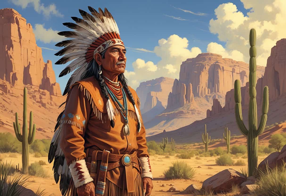 A Native American man in traditional Apache clothing stands in a desert landscape with mountains and cacti in the background.