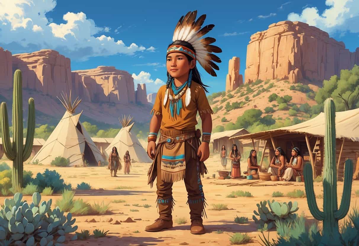 A young Geronimo in traditional Apache clothing stands in a desert landscape near an Apache village with people engaged in daily activities.