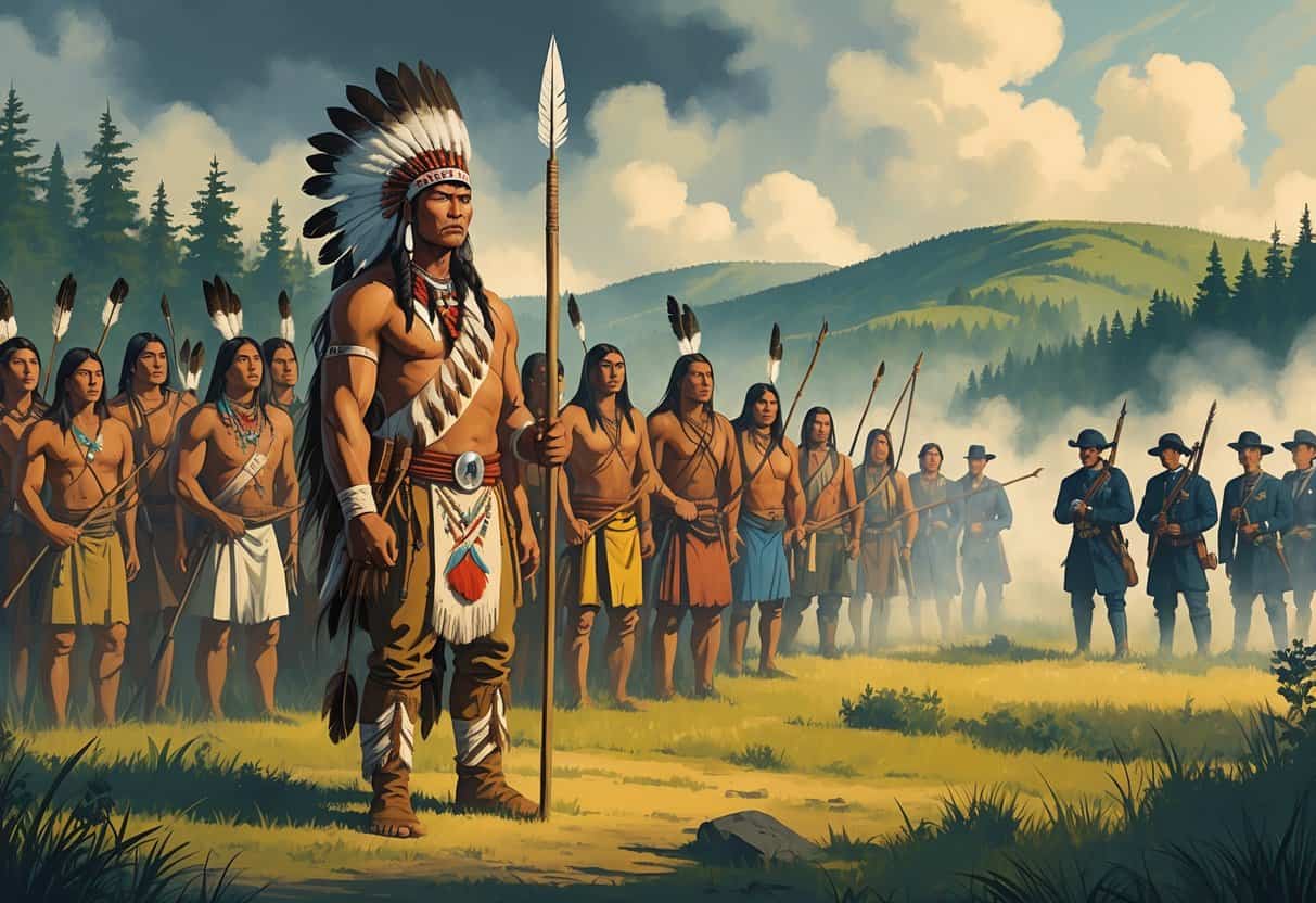 Tecumseh stands with Native American warriors in a forested landscape facing approaching U.S. soldiers.