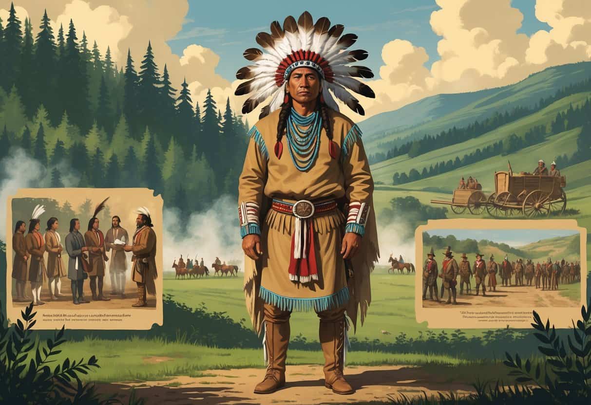 Tecumseh standing in traditional Native American attire in a forested landscape, with scenes of him meeting with leaders and distant settlers and soldiers representing U.S. expansion.
