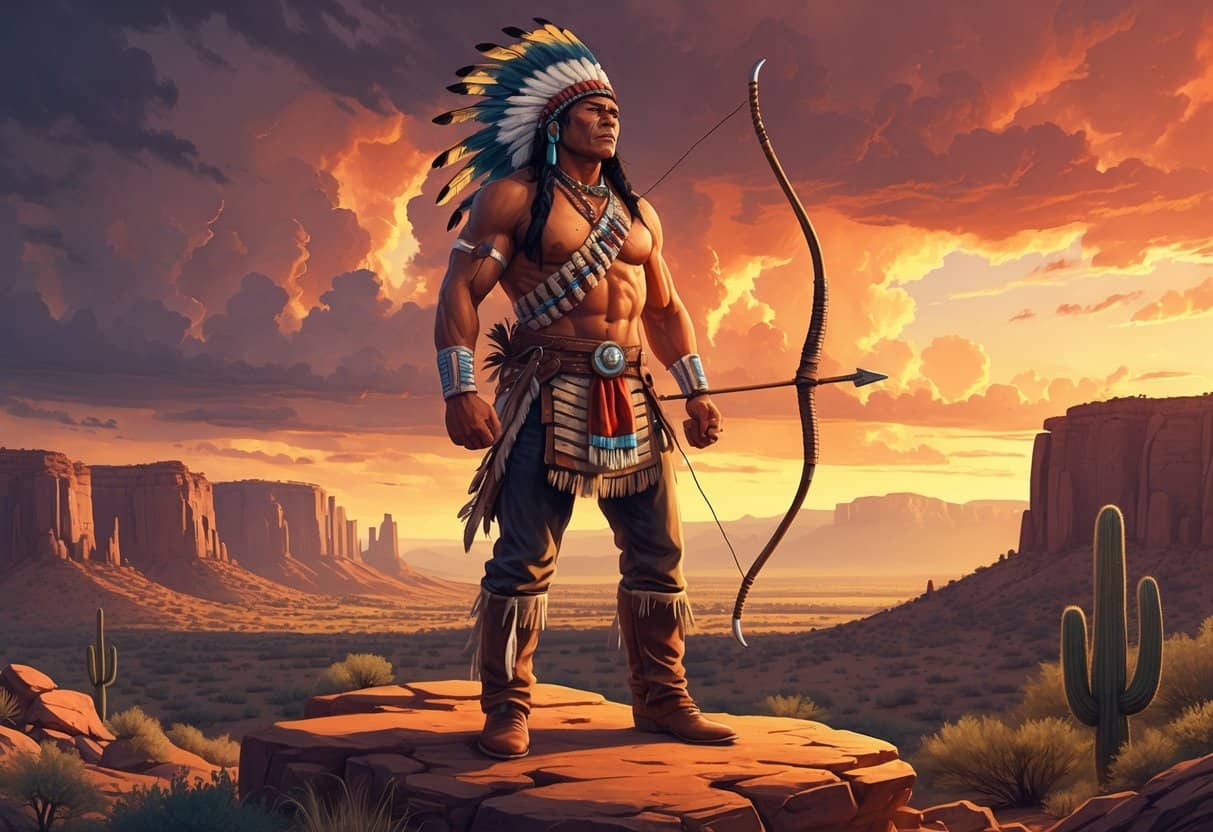A Native American leader stands on a rocky hill overlooking a desert landscape at sunset, with a determined expression and traditional clothing, surrounded by mountains and desert plants.