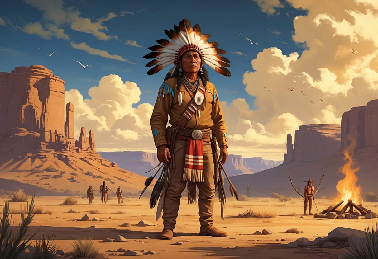Geronimo standing confidently on a desert landscape with mountains in the background, surrounded by traditional Apache elements and figures.