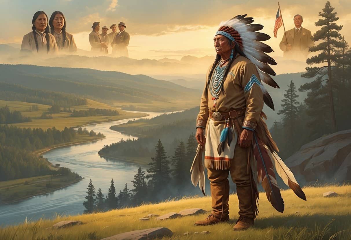 A Native American leader stands on a hill overlooking a river and forest, with faint scenes of his life and battles appearing behind him.