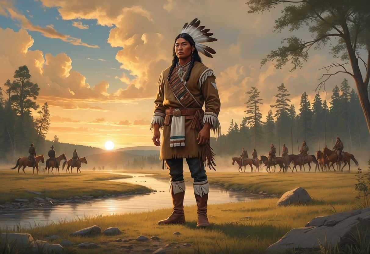 A young Native American man in traditional clothing stands in a natural landscape with plains, forests, and a river, with distant warriors on horseback in the background.