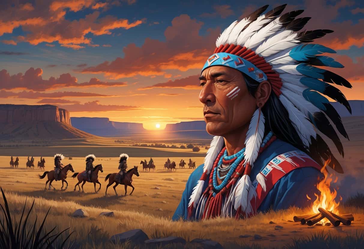 A portrait of Crazy Horse in traditional Lakota clothing with warriors on horseback, tipis, and rolling plains under a sunset sky.