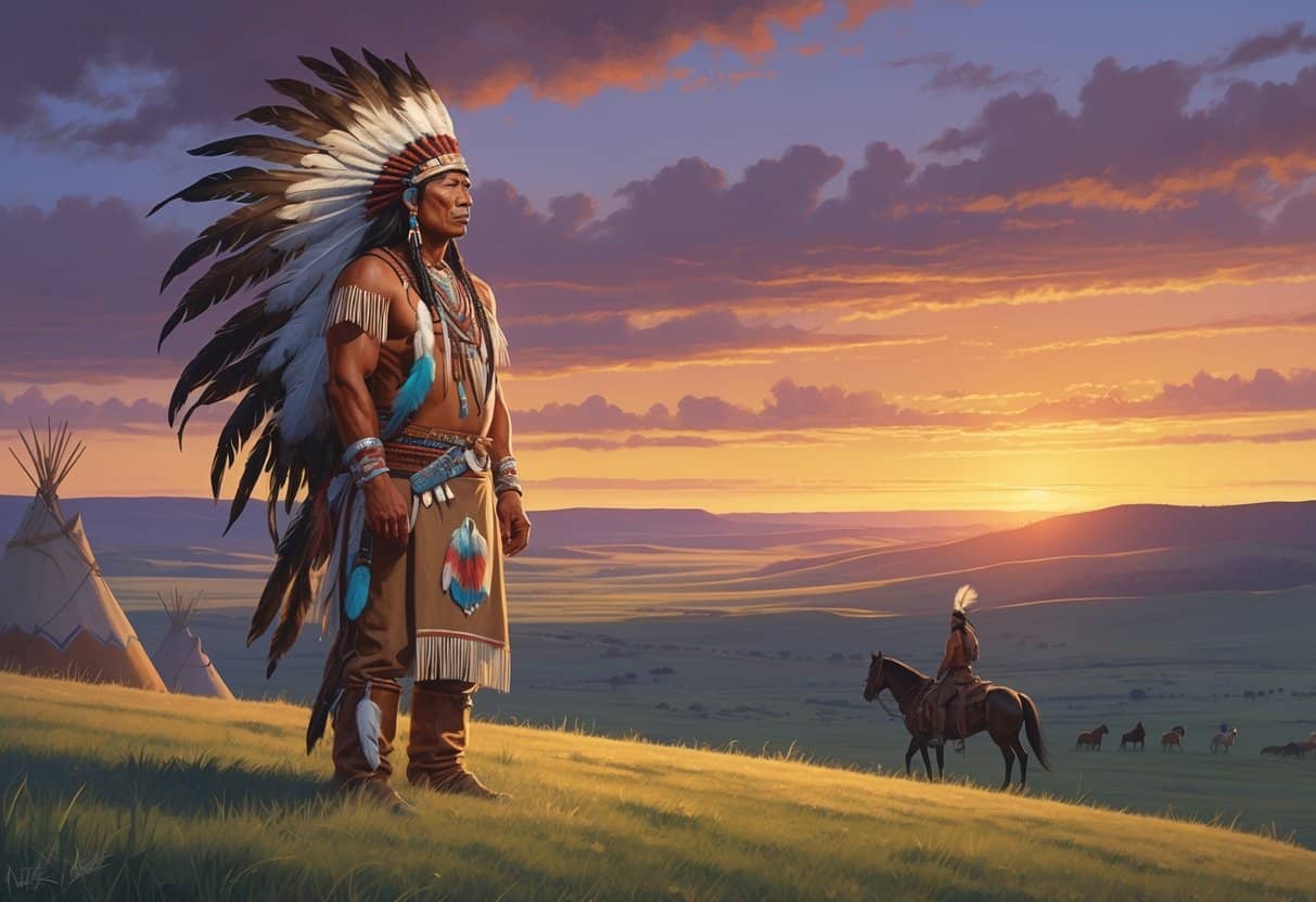 A Native American warrior in traditional clothing stands on a hill overlooking the Great Plains at sunset, with a horse silhouette and tribal symbols in the background.