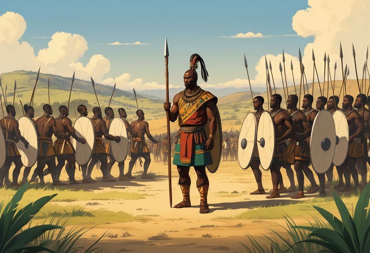 Shaka Zulu standing with warriors in traditional attire demonstrating battle formations in a village landscape.