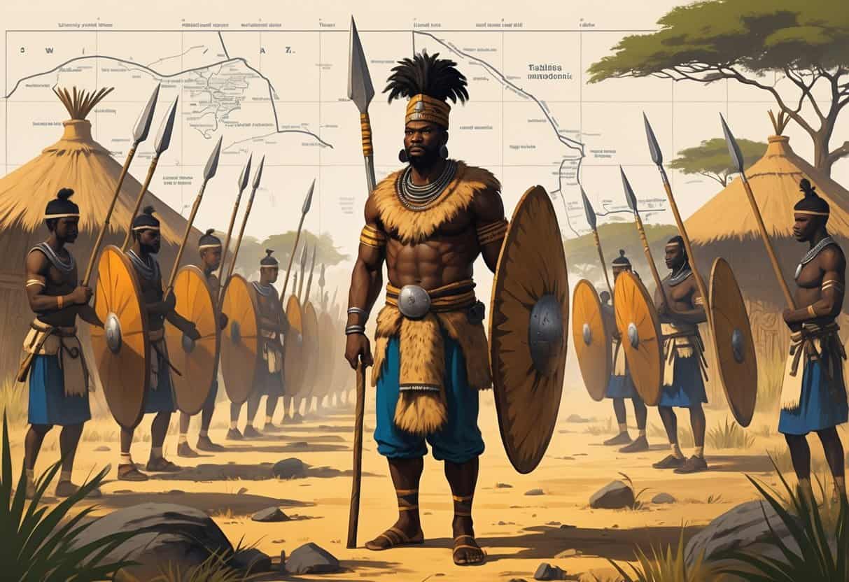 Shaka Zulu standing with warriors holding spears and shields, with a map and African landscape in the background showing military formations.