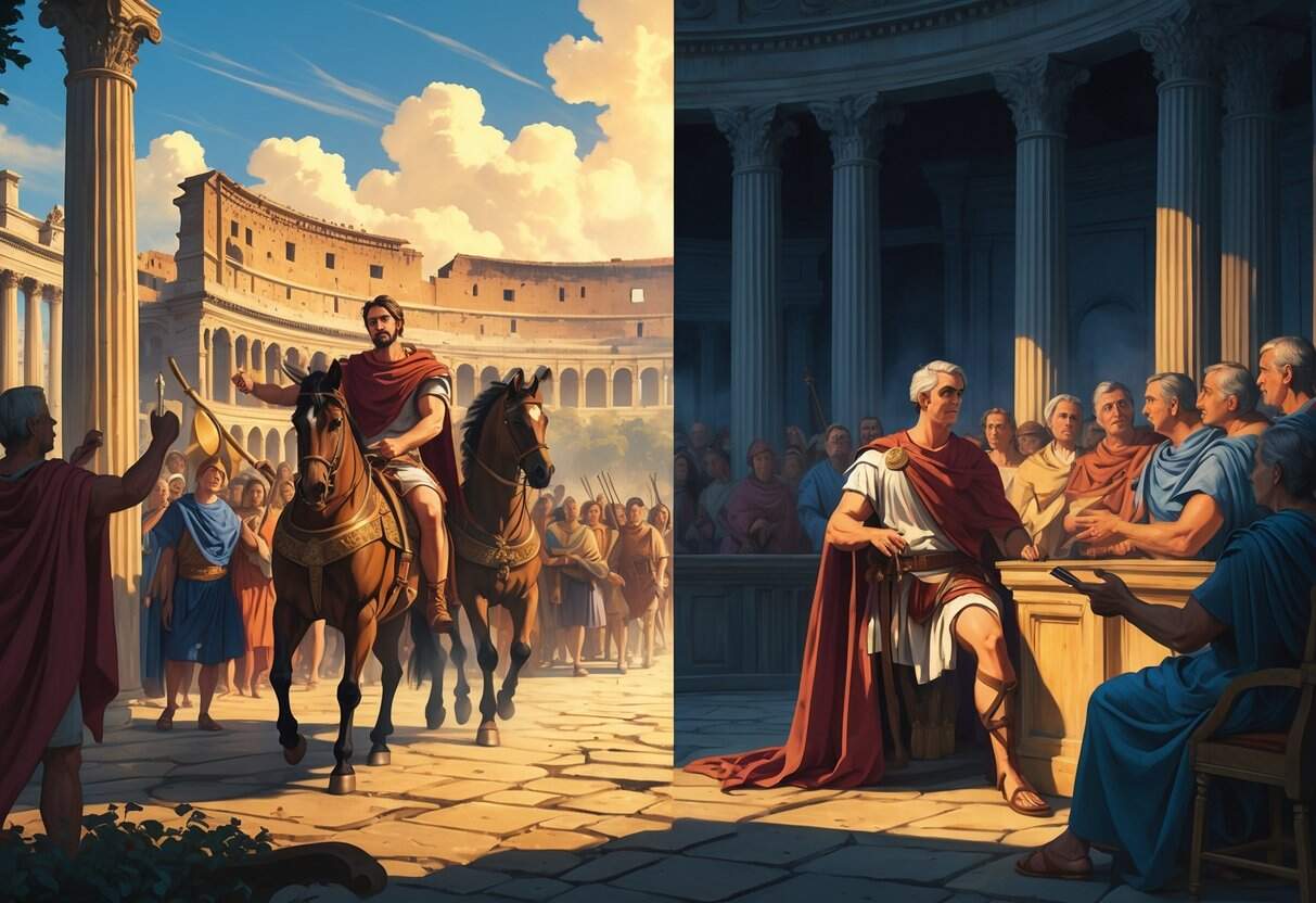 A scene showing Julius Caesar’s triumphant entry into Rome on one side and his assassination by Roman senators in the Senate chamber on the other.