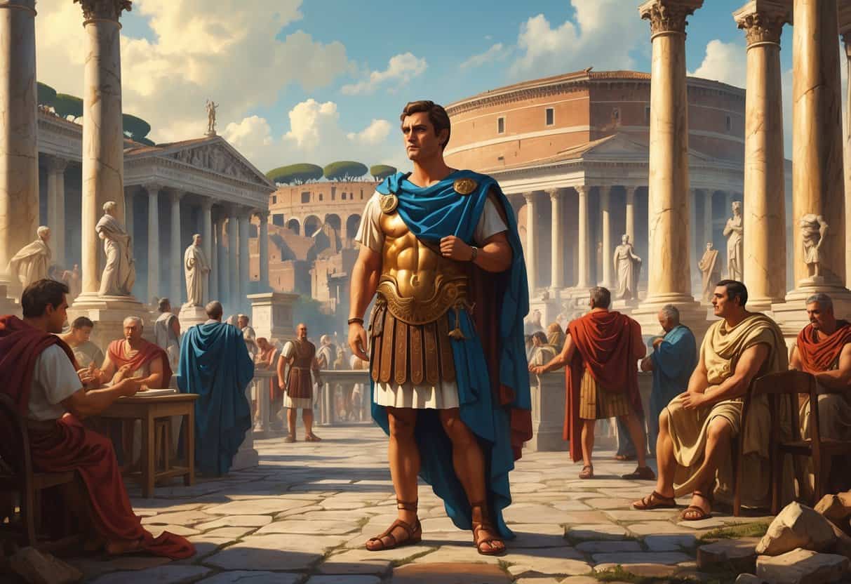 Young Julius Caesar standing confidently in a busy Roman forum surrounded by senators, soldiers, and ancient Roman buildings.