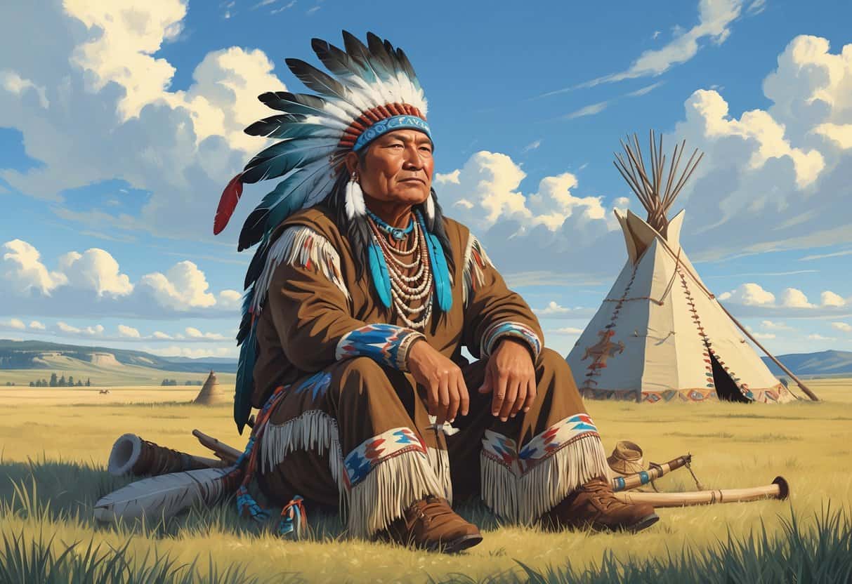 Seated Native American man wearing a feathered headdress and traditional clothing on the plains with grass, hills, and a tipi in the background.