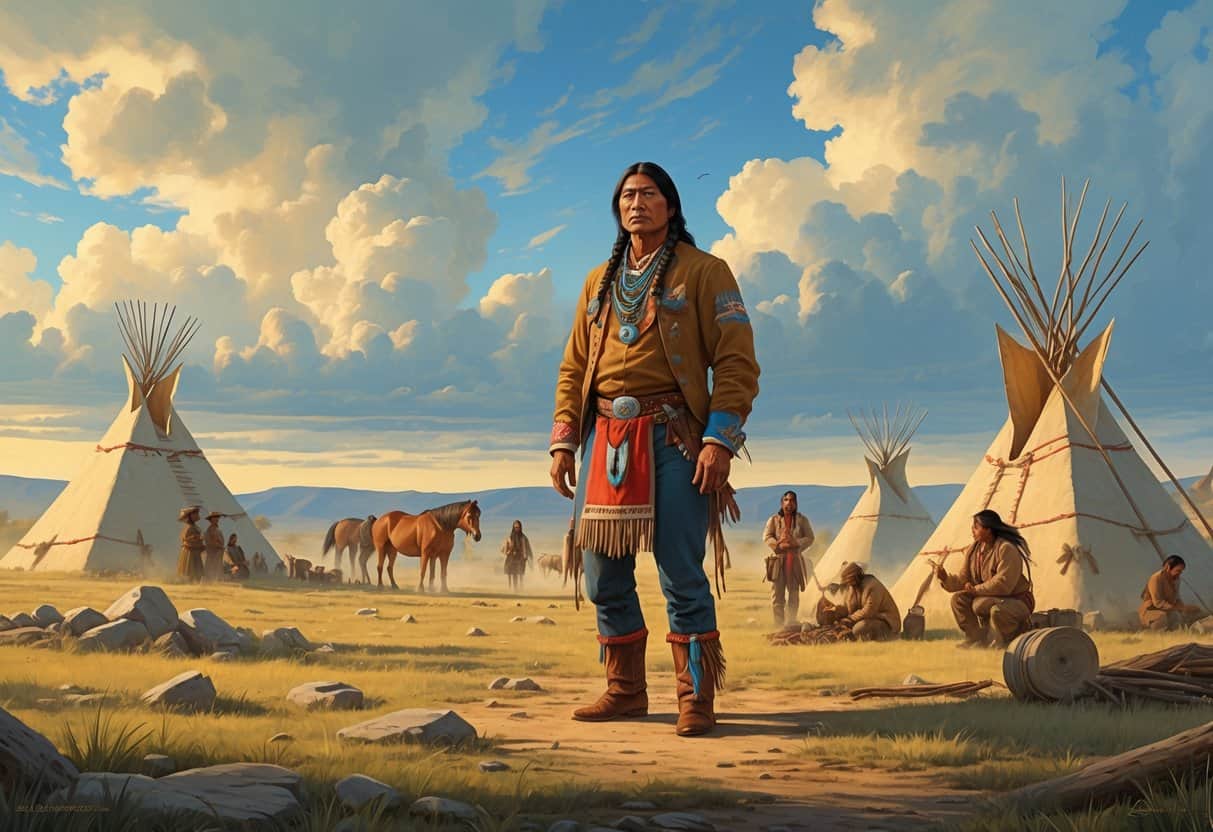 A young Sitting Bull stands in traditional clothing on the Great Plains with teepees, horses, and tribal members around him during early morning.