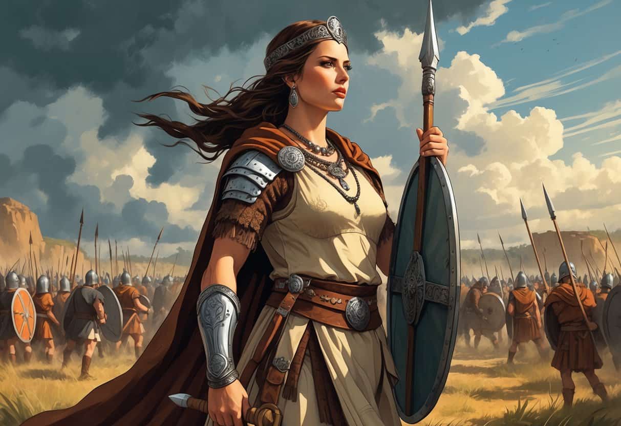 A strong woman in ancient Celtic warrior clothing stands holding a spear and shield on a battlefield with soldiers in the background.