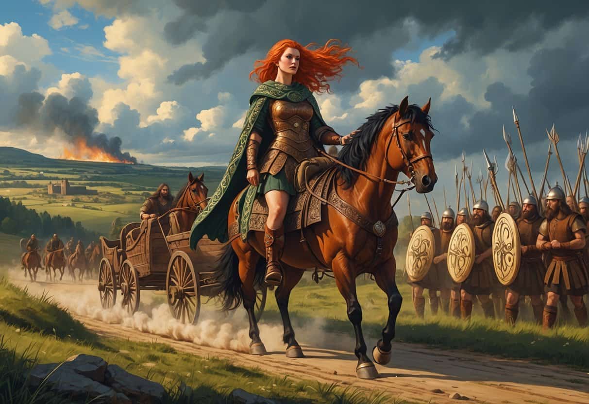 Boudica standing on a chariot drawn by horses, surrounded by warriors, with a landscape showing hills, forests, and a distant Roman fort under attack.