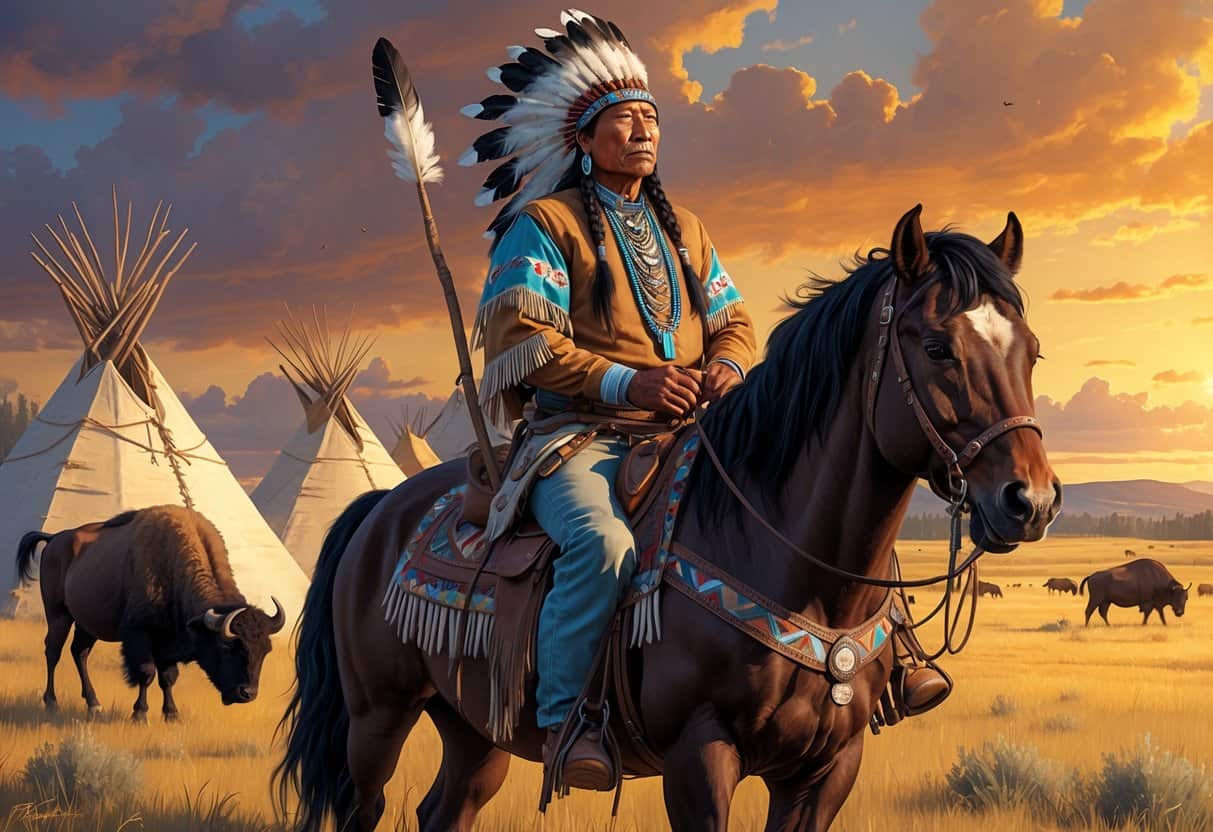 Sitting Bull sitting on a horse in traditional Lakota clothing with a feathered headdress, surrounded by tipis and buffalo on the Great Plains at sunset.