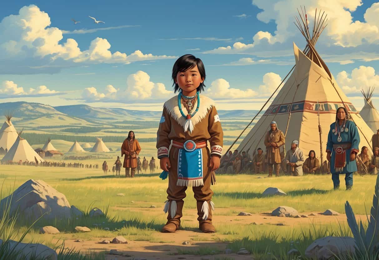 A young Native American boy in traditional clothing stands confidently on the plains with a village and elders in the background, symbolizing his rise to leadership.