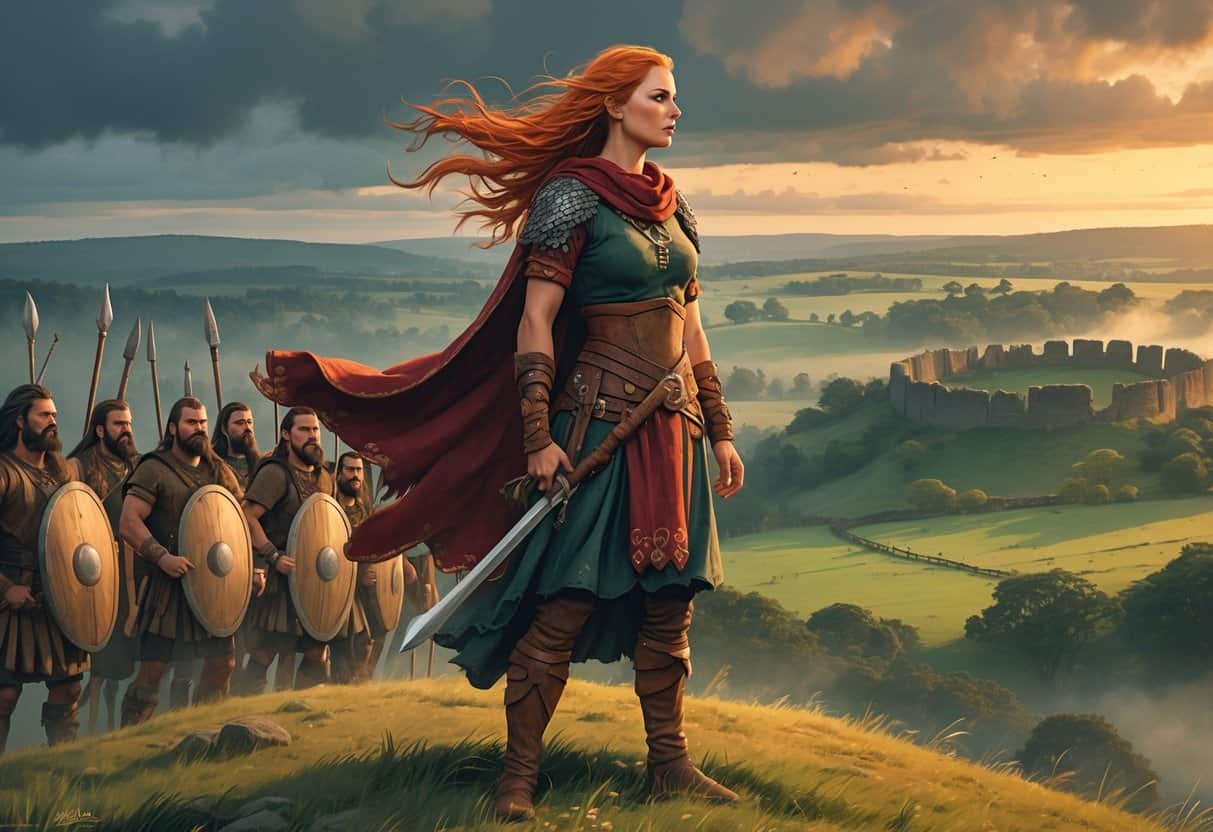 Boudica, a fierce British warrior queen, stands on a hill with a spear, overlooking a group of warriors and an ancient countryside with forests and forts.