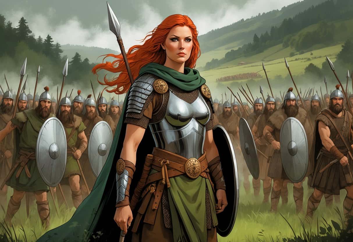 Boudica, a strong British warrior queen, stands with her warriors in an ancient landscape preparing for battle.