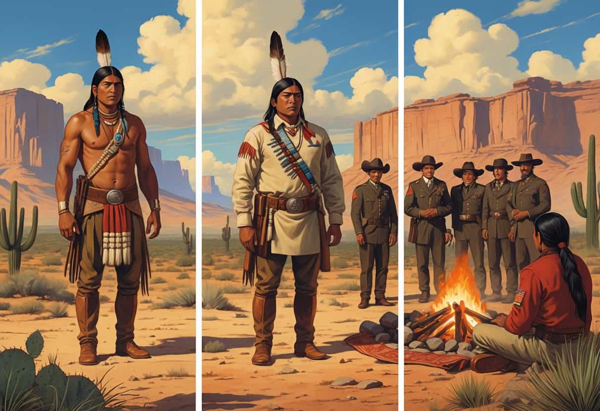 Three connected scenes showing Geronimo as a young Apache warrior, his capture by soldiers, and a group of Apache people gathered around a campfire reflecting his legacy.