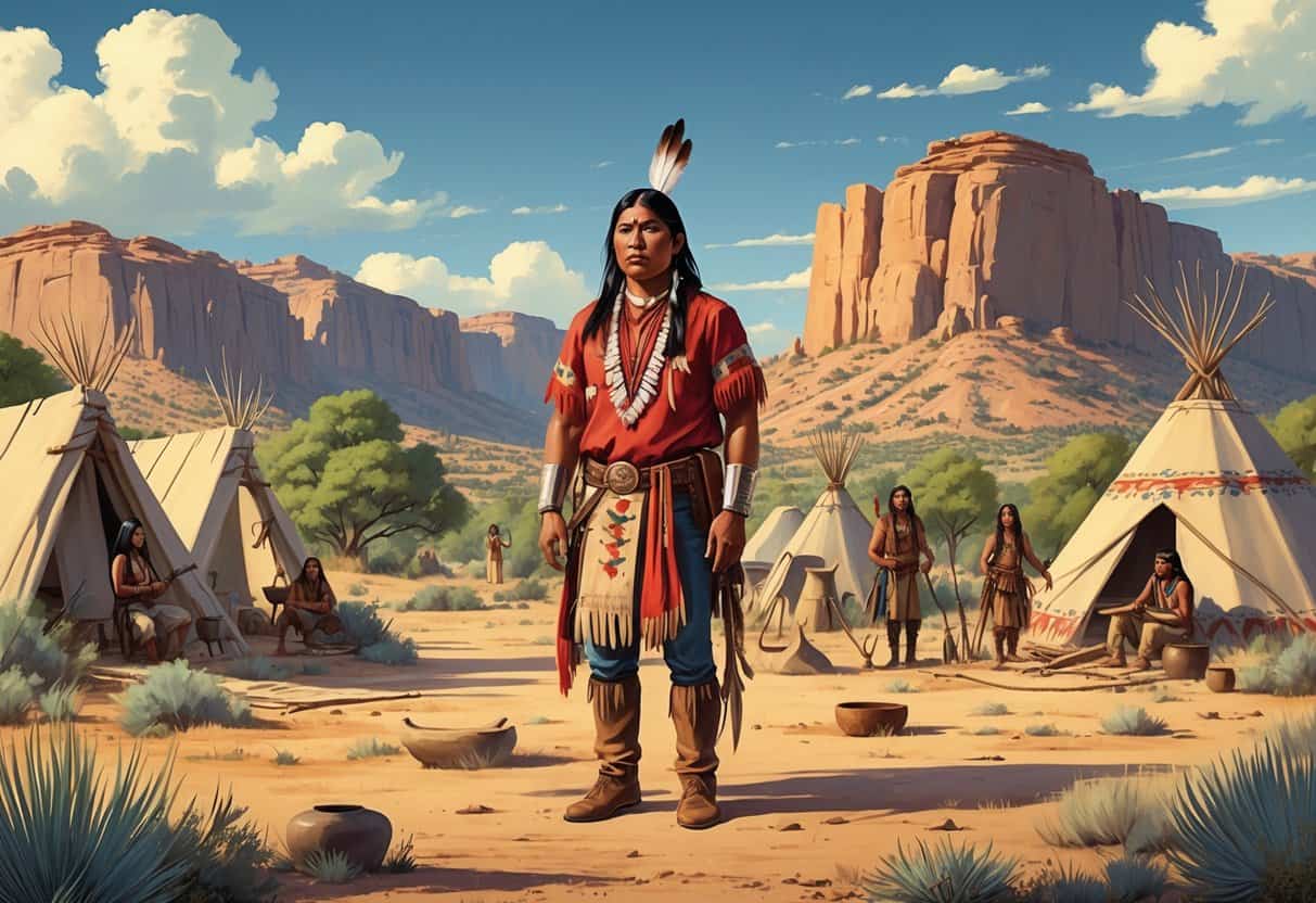 A young Geronimo in traditional Apache clothing stands in a southwestern landscape surrounded by Apache people and cultural elements.